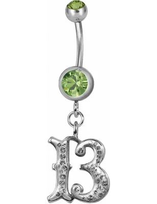 Piercing nombril chiffre 13 Swarovski vert