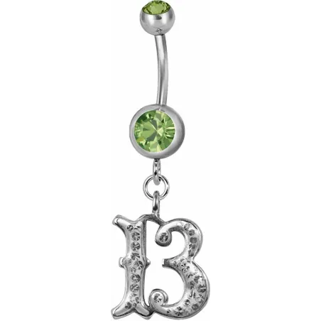 Piercing nombril chiffre 13 Swarovski vert
