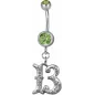 Piercing nombril chiffre 13 Swarovski vert