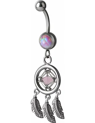 Piercing nombril attrape rêve opale rose et Swarovski