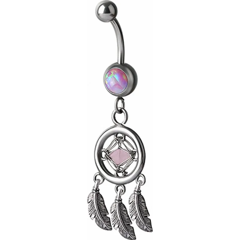 Piercing nombril attrape rêve opale rose et Swarovski