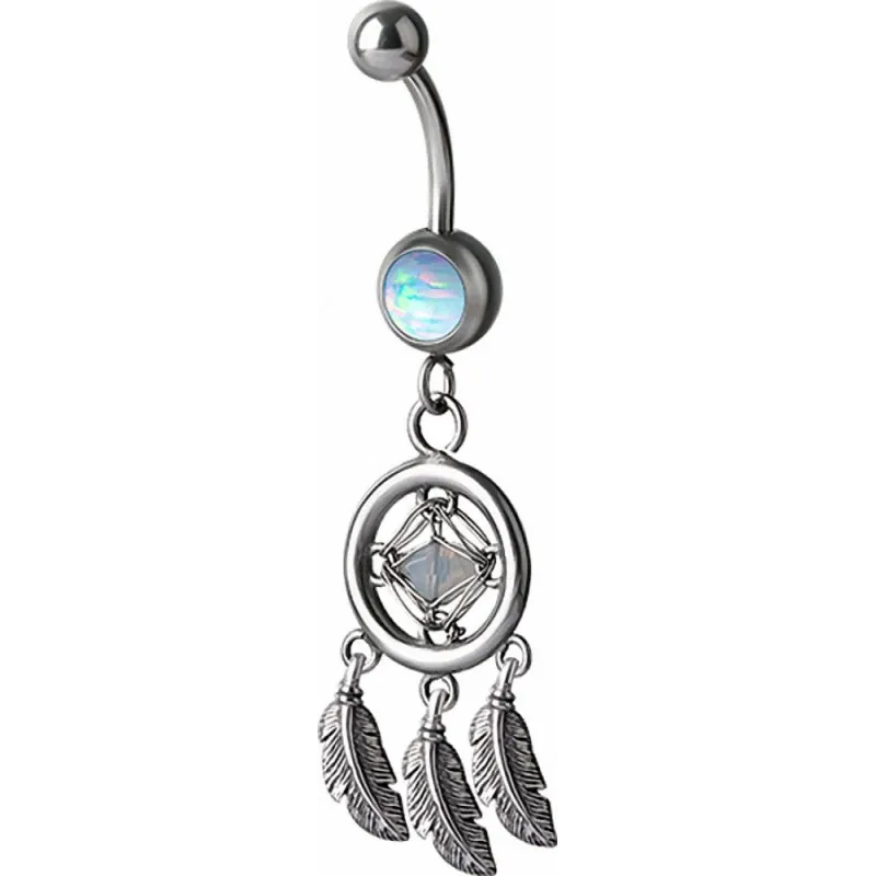 Piercing nombril attrape rêve opale blanc et Swarovski