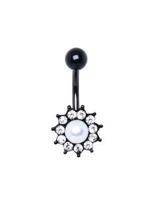 Piercing nombril acier noir fleur perle