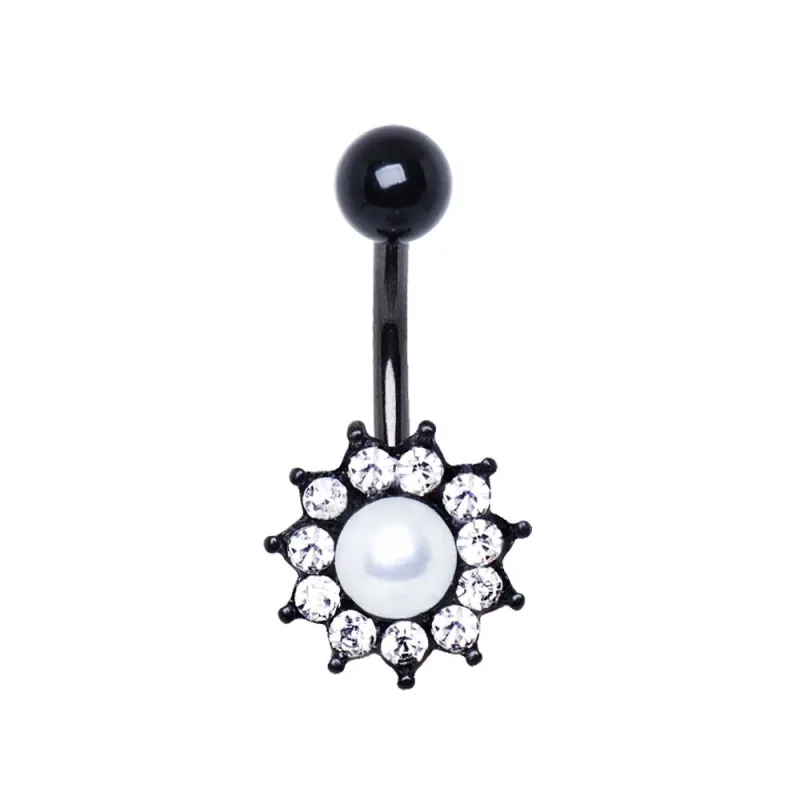 Piercing nombril acier noir fleur perle