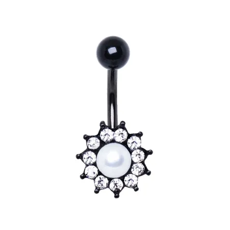 Piercing nombril acier noir fleur perle