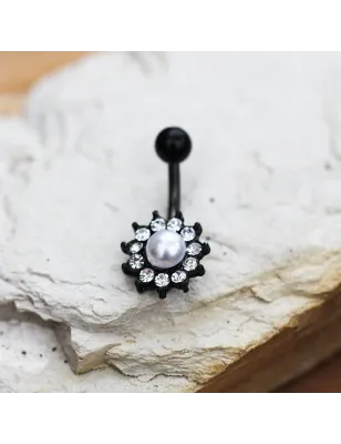 Piercing nombril acier noir fleur perle