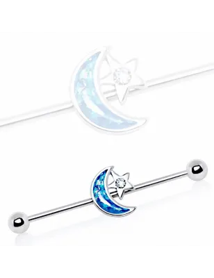 Piercing oreille industriel lune opale bleue