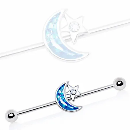 Piercing oreille industriel lune opale bleue