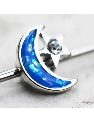 Piercing oreille industriel lune opale bleue