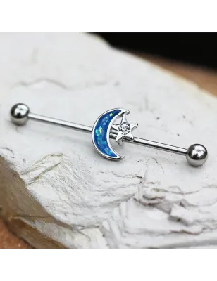 Piercing oreille industriel lune opale bleue