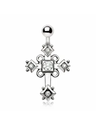 Piercing nombril croix ornée en acier chirurgical