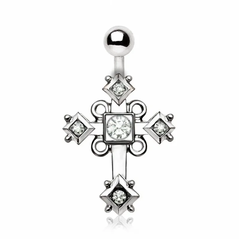 Piercing nombril croix ornée en acier chirurgical