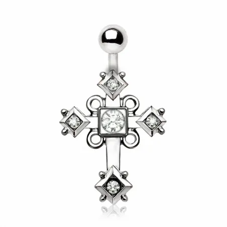 Piercing nombril croix ornée en acier chirurgical