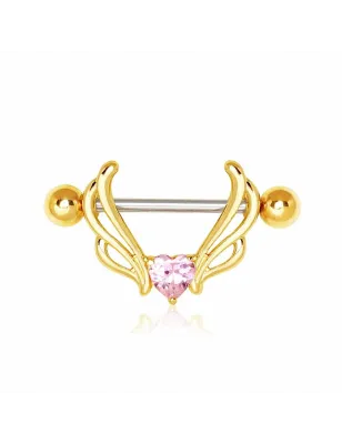 Piercing téton plaqué or coeur ailé