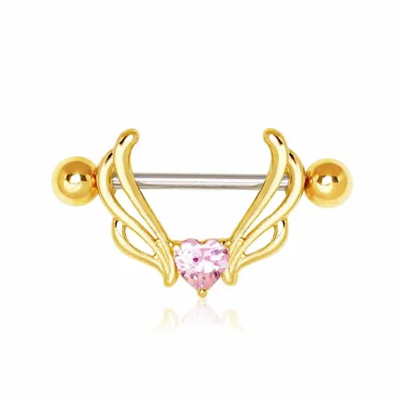 Piercing téton plaqué or coeur ailé