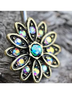 Piercing nombril fleur dorée aurore boréale