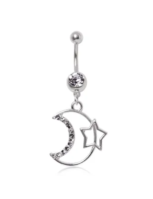 Piercing nombril lune pavée de gemmes et étoile
