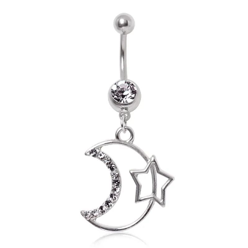Piercing nombril lune pavée de gemmes et étoile