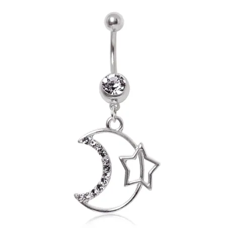 Piercing nombril lune pavée de gemmes et étoile