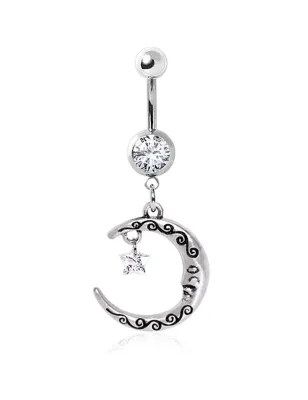 Piercing nombril pendentif lune avec étoile