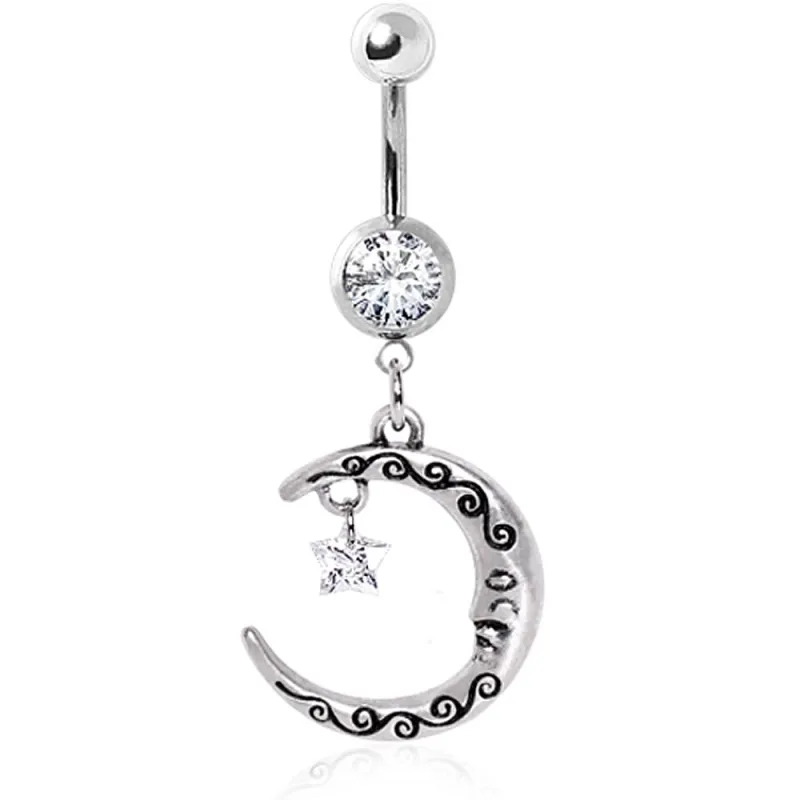 Piercing nombril pendentif lune avec étoile