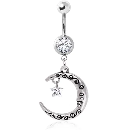 Piercing nombril pendentif lune avec étoile