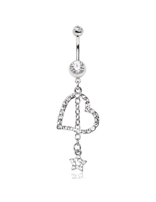 Piercing nombril pendentif coeur et étoile