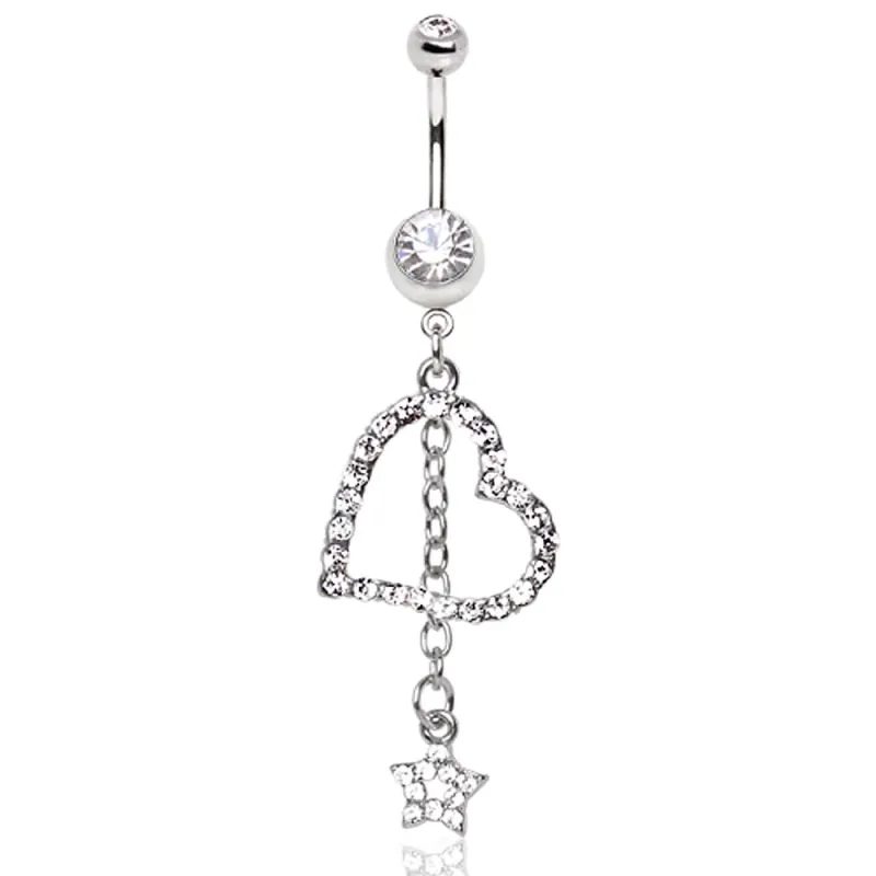 Piercing nombril pendentif coeur et étoile