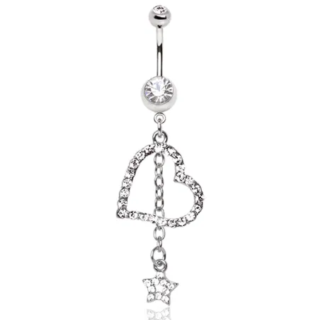 Piercing nombril pendentif coeur et étoile