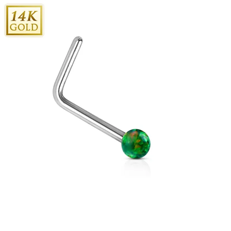 Piercing nez Or blanc 14 carats opale verte tige en L