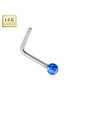 Piercing nez Or blanc 14 carats opale bleu tige en L