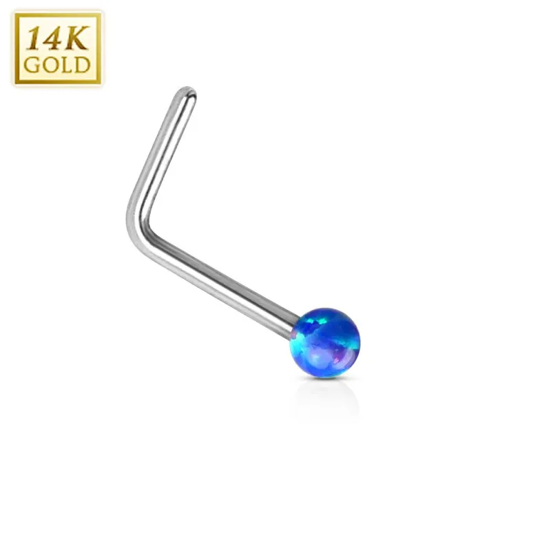 Piercing nez Or blanc 14 carats opale bleu tige en L