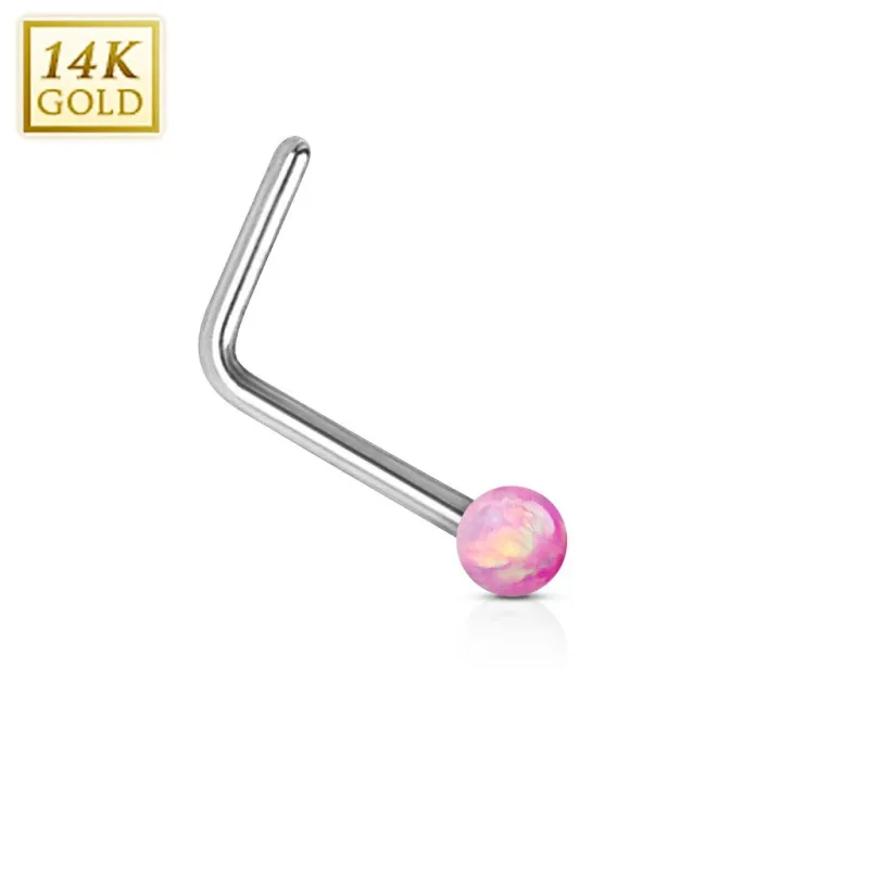 Piercing nez Or blanc 14 carats opale rose tige en L
