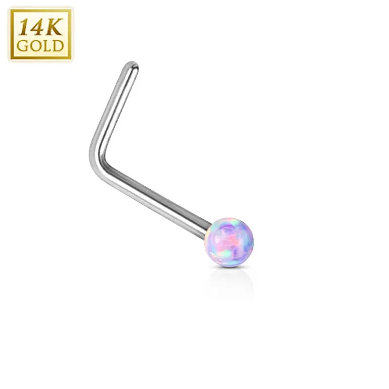 Piercing nez Or blanc 14 carats opale violet tige en L