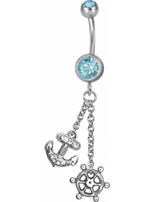 Piercing nombril Swarovski Ancre marine et barre turquoise