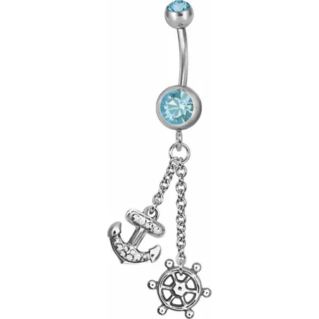 Piercing nombril Swarovski Ancre marine et barre turquoise