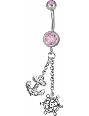 Piercing nombril Swarovski Ancre marine et barre rose