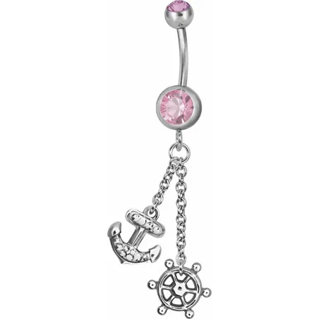 Piercing nombril Swarovski Ancre marine et barre rose