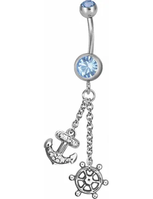 Piercing nombril Swarovski Ancre marine et barre bleu clair