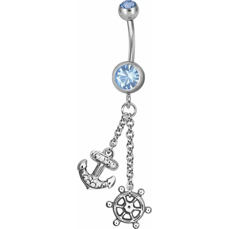 Piercing nombril Swarovski Ancre marine et barre bleu clair
