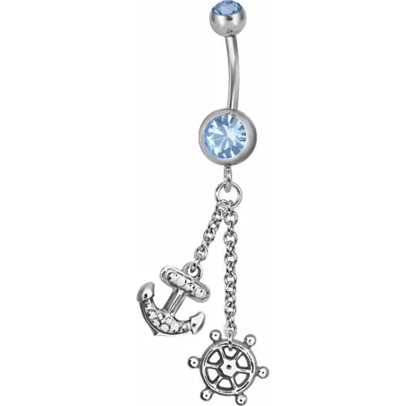 Piercing nombril Swarovski Ancre marine et barre bleu clair