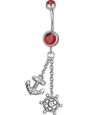 Piercing nombril Swarovski Ancre marine et barre rouge