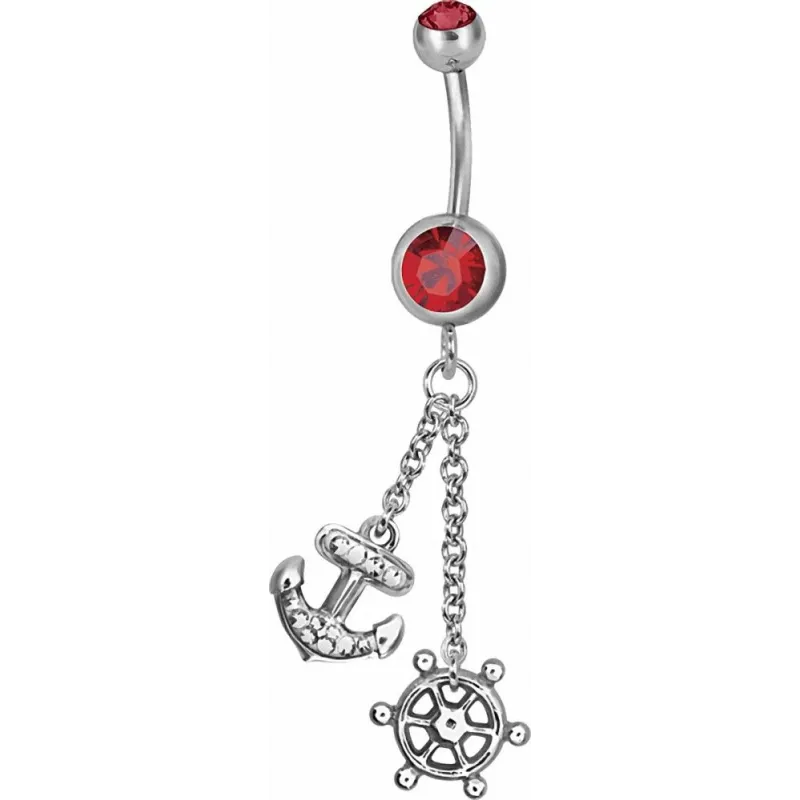 Piercing nombril Swarovski Ancre marine et barre rouge