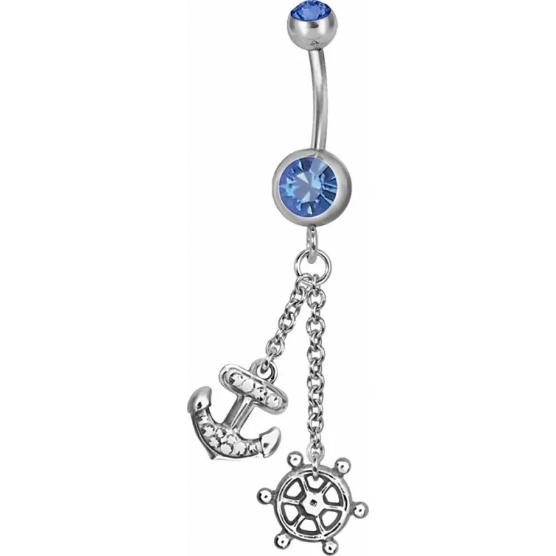 Piercing nombril Swarovski Ancre marine et barre bleu