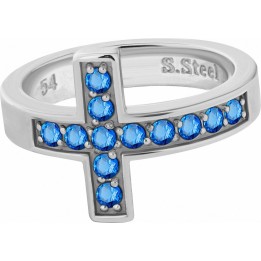 Bague acier croix Swarovski Zirconia bleu