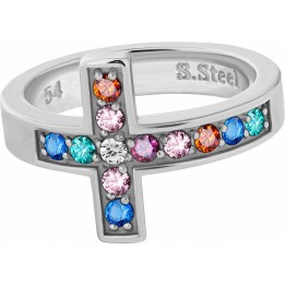 Bague acier croix Swarovski Zirconia rainbow