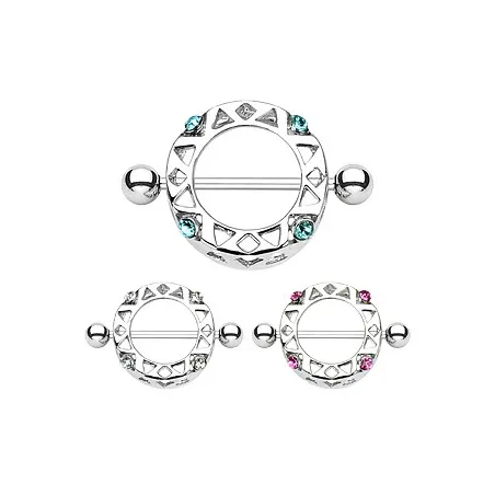 Piercing Téton Bouclier Rond Gemmes - Bijou Piercing Téton