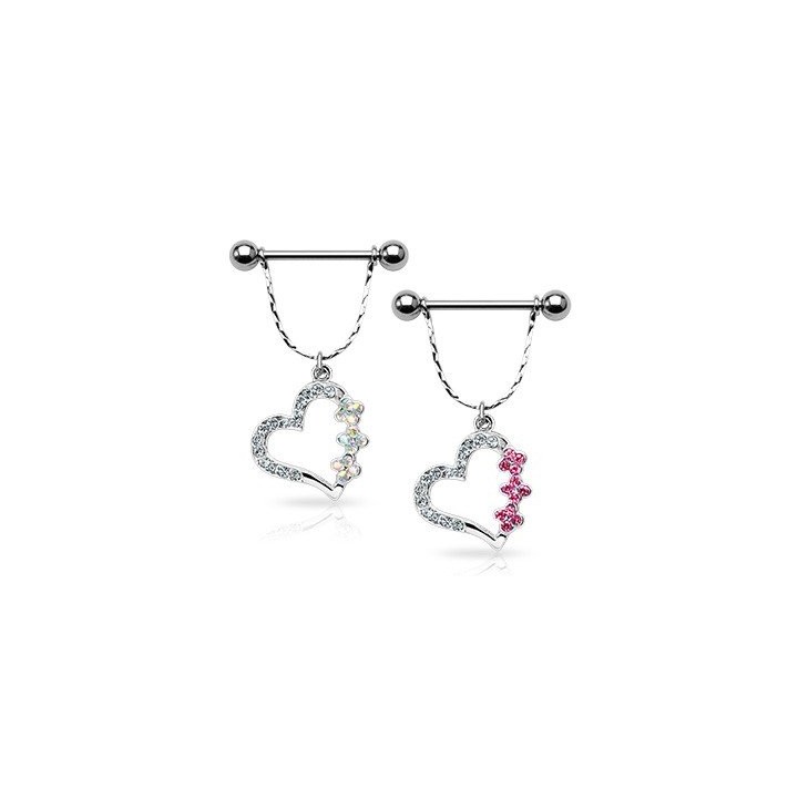 Piercing Téton Bouclier Coeur Fleurs Gemmes - Bijou Piercing Téton