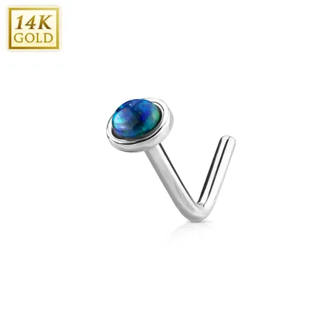 Piercing nez Or blanc 14 carats opale émeraude dome tige en L