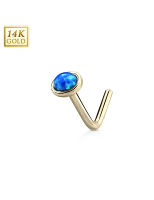 Piercing nez Or jaune 14 carats opale bleue dome tige en L
